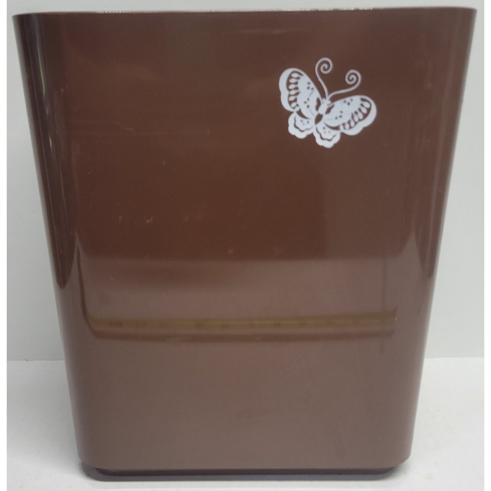 Vintage Brown Plastic Wastebasket with White Butterfly Graphic Small Trash Can